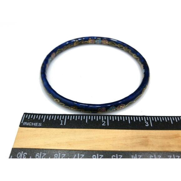 Vintage Cloisonné Bangle Bracelet, Blue Pink Floral Enamel, Asian 1960s, 8 3/4" - Picture 9 of 12